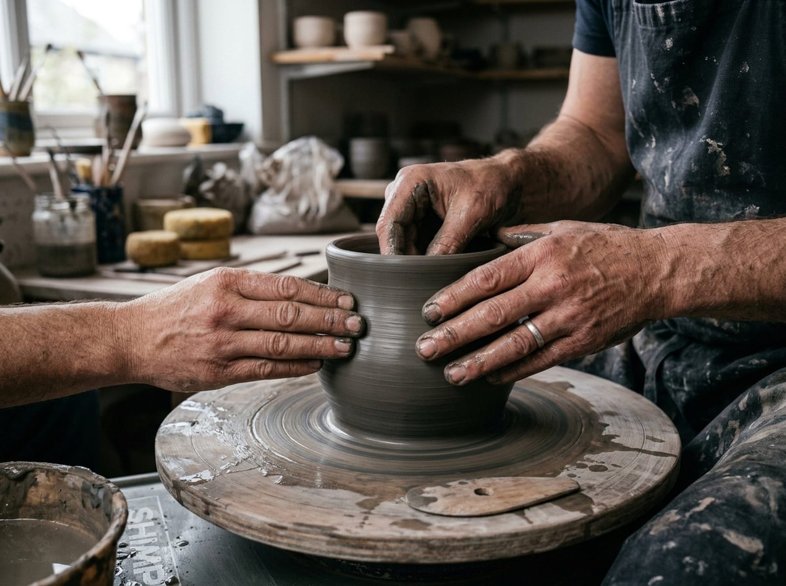 Close das mãos de um oleiro erguendo um vaso no torno de cerâmica